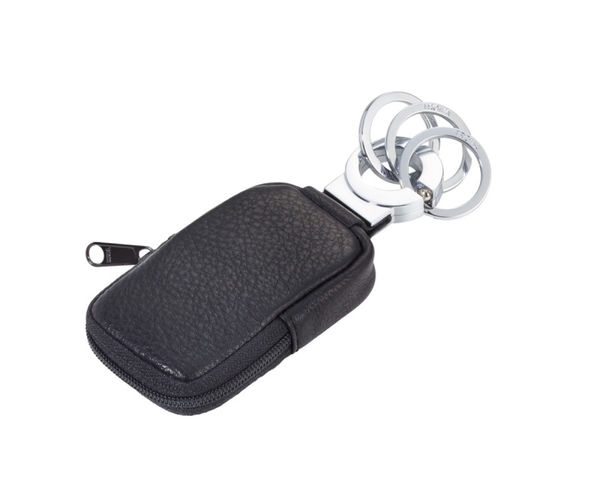 Brelok TROIKA Pocket Click, 3 kółka do kluczy, etui na monety na suwak, czarna skóra