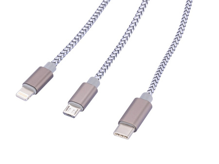 Kabel ładujący TROIKA Dreizack, 1m, 3w1, szary